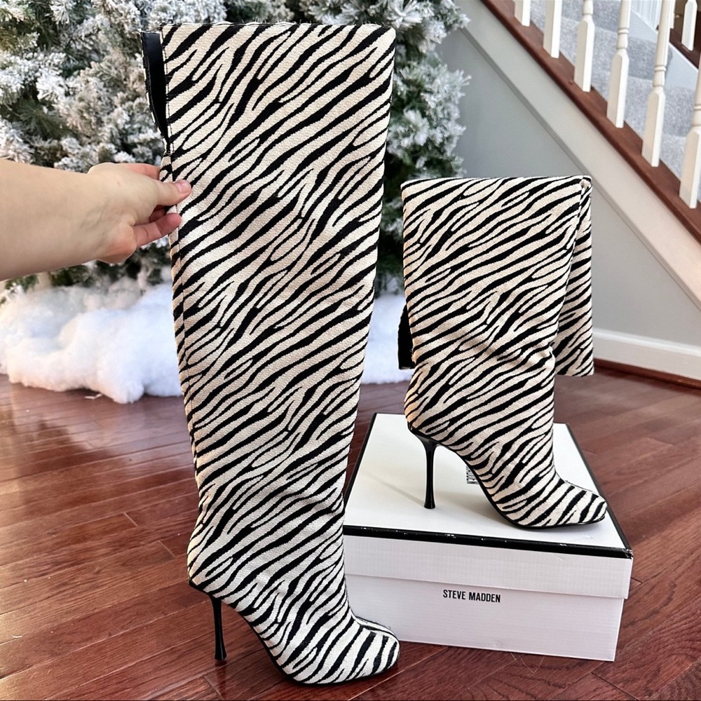 Steve Madden Alluring Zebra Black White Over the Knee Square Toe Heeled Boots